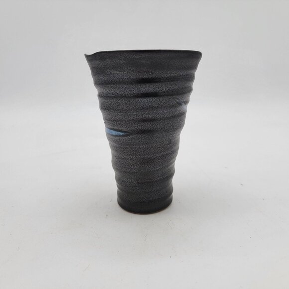 Asian Ribbed Flare Black Pottery Vase - Picture 1 of 4